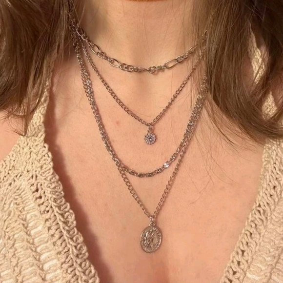 Silver chain Layered Necklace coin pendant statement boho Jewelry 💖2/$30 - Picture 10 of 15